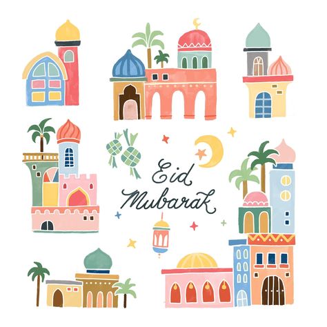 Premium Vector | Eid mubarak greeting card with islamic mosque hand drawn watercolor illustration Eid Sketch, Sketch Islamic, Mosque Sketch, Background For Wedding Invitation, Arabic Illustration, Muslim Background, Templat Amplop, Arabic Pattern Design, Wreath Background