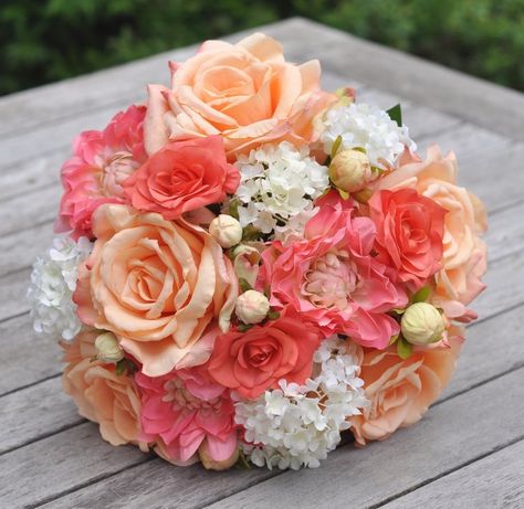 Silk Bouquet Wedding, Bridal Bouquet Peach, Silk Flower Wedding Bouquet, Silk Flower Bridal Bouquet, Flower Wedding Bouquet, Holly Wedding, Silk Bridal Bouquet, Wedding Bouquets Bride, Silk Bouquet