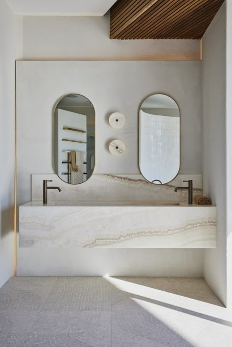 Boutique Bathroom, Bathroom Store, Concrete Basin, Wall Niche, Modern Bathrooms, Remodel Inspiration, Wall Hung Vanity, Bathroom Inspo, Mirror Cabinets