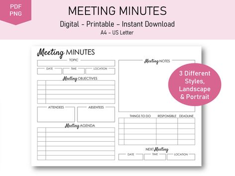 Minutes Of Meeting, Academic Advisor, Planner Spread Inspiration, Digital Planner Ideas, Agenda Ideas, Meeting Minutes, Daily Planner Inserts, Etsy Planner, Life Hacks Organization