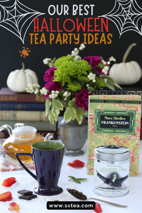 Halloween is right around the corner.  Are you ready?  Here are some fantastic ideas that will make your Halloween tea party celebrations more festive. Halloween Tea Party Ideas, Pumpkin Spice Tea, Autumn Tea Party, Halloween Tea Party, Tea Party Ideas, Scone Mix, Dip Platter, Decaf Tea, Fall Tea