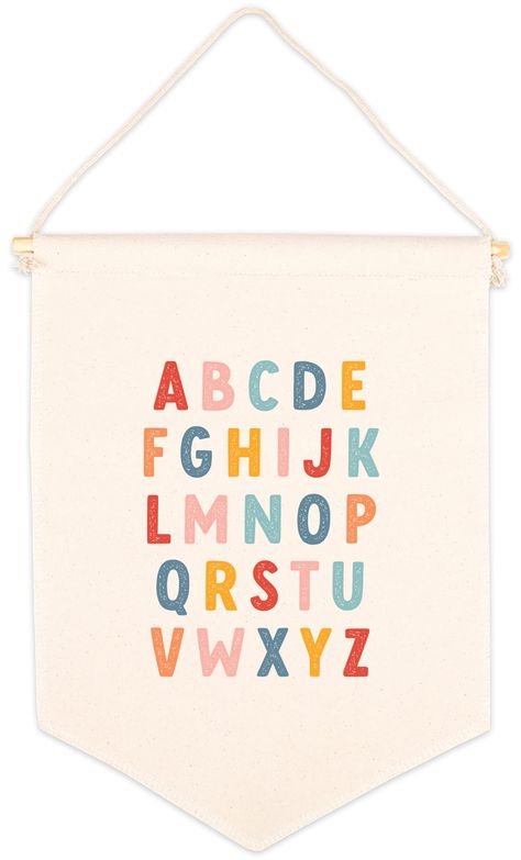 PRICES MAY VARY. ALPHABET BANNER FOR CHILD'S ROOM: Each custom pennant banner measures 11x14 inches, making this playroom art canvas just the right size for a great focal point in any room. With a neutral canvas color, this sweet baby banner blends well on any wall color. Transform your child's space into a vibrant learning environment with our alphabet wall art. Perfect for nursery banner wall decor, playroom banners, or as a whimsical where the wild things play sign for playroom wall, this ver Wall Banner Decor, Press Wall, Canvas Tapestry, Trendy Nursery, Nursery Room Themes, Custom Pennants, Canvas Banners, Colorful Alphabet, Kids Canvas Art