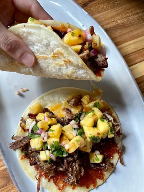 Pineapple Pork, Pulled Pork Tacos, Leftover Pork, Crispy Cheese, Corn Tortilla, Pork Tacos, Pineapple Salsa, Pork Belly, Pulled Pork