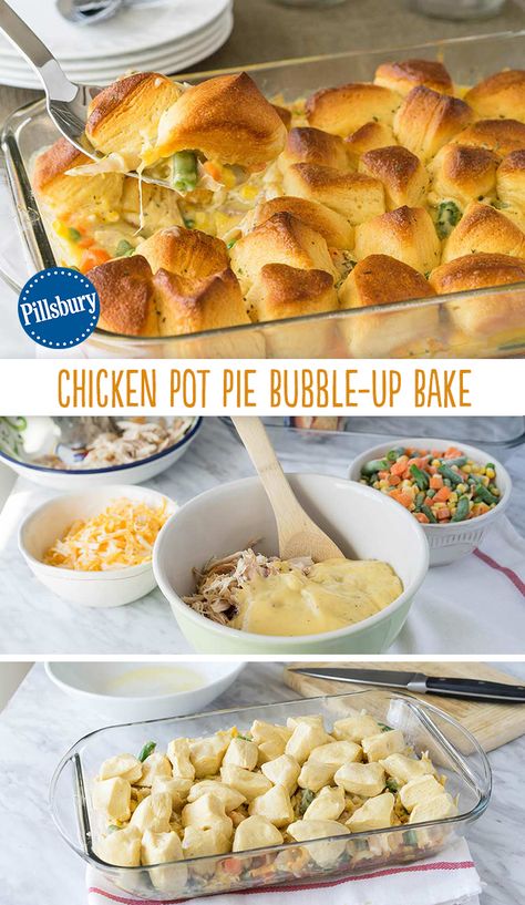 Who says biscuits are a side dish? We like ‘em baked right into the meal and mixed with chicken for a delicious one-dish dinner. This Chicken Pot Pie Bubble-Up Bake brings all the comfort of a home-cooked meal. The mixed vegetables are sneakily added in for the kids and tastes amazing! Easy Chicken Pot Pie Recipe, Pillsbury Recipes, Easy Chicken Pot Pie, One Dish Dinners, Pot Pies Recipes, Chicken Pot Pie Recipes, Chicken Pot, Chicken Pot Pie, Pot Pie