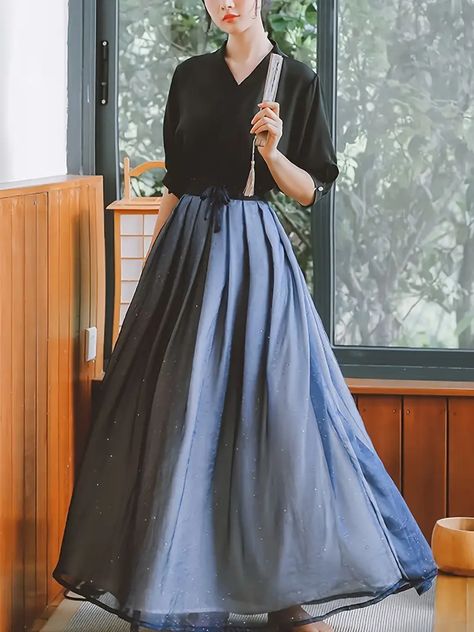 Women's Spring New Chinese Style Hanfu Chiffon Skirt 2 Piece Suit | Shop The Latest Trends | Temu Long Blue Skirts, Japanese Sweater, Short Kimono Jacket, Japanese Hoodie, Sukajan Jacket, Shiny Skirts, Japan Outfit, Japanese Dress, Style Japonais