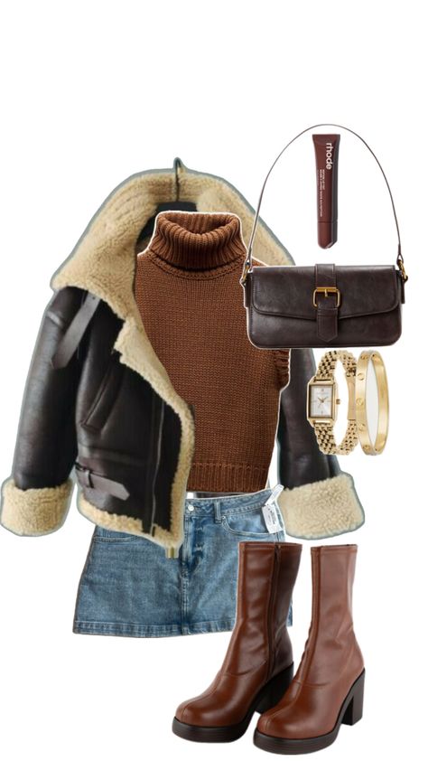 Outfit Inspo for fall activities. Perfect for going out or date night. Brown vibes with brown leather jacket and sweater, denim skirt, brown boots, brown purse, gold Jewlery with Cartier bracelet and those lip. #fall #outfit Brown Leather Skirt Outfit, Brown Leather Skirt, Leather Skirt Outfit, Gold Outfit, Brown Purse, Cartier Bracelet, Brown Fall, Fall Activities, Brown Purses