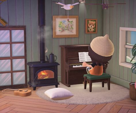 Acnh Piano Room, Piano Corner, Acnh House, Piano Room, Wood Stove, Animal Crossing, House Ideas, Piano, Home Appliances