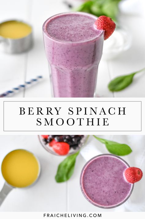 Morning Spinach Smoothie, Berry Spinach Protein Smoothie, Fruit Smoothie With Spinach Recipes, Fruit Smoothie With Spinach, Spinach Fruit Smoothie Recipes, Berries And Spinach Smoothie, Spinach And Berry Smoothie, Smoothie Berry Recipe, Green Berry Smoothie Recipes