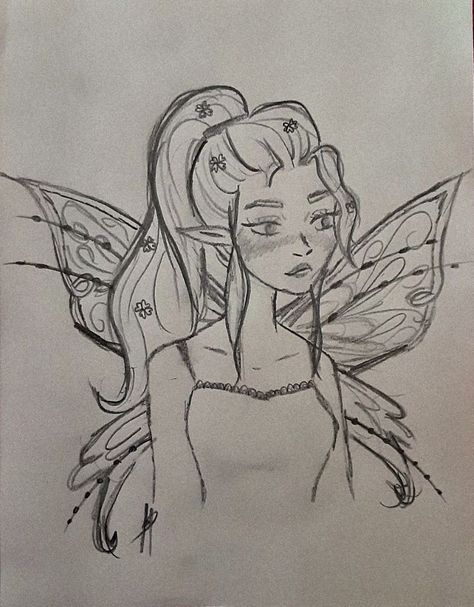 Sketchbook Art Inspiration Fairy, Fairies Drawing Aesthetic, Easy Drawings Fairy, Fairy Core Drawing Ideas, Fairy Ideas Drawing, Drawing Ideas Fairy Core, Fairy Hair Drawing, Fairytale Drawings Easy, Evil Fairy Drawing