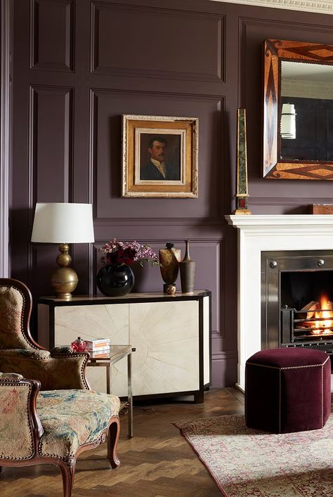 purple walls living room idea Victorian Living Room Ideas Modern, Plum Living Room Ideas, Purple Walls Living Room, Plum Office, Plum Living Room, Beautiful Home Office, Purple Office, Diy Moss, Painted Brick Fireplaces