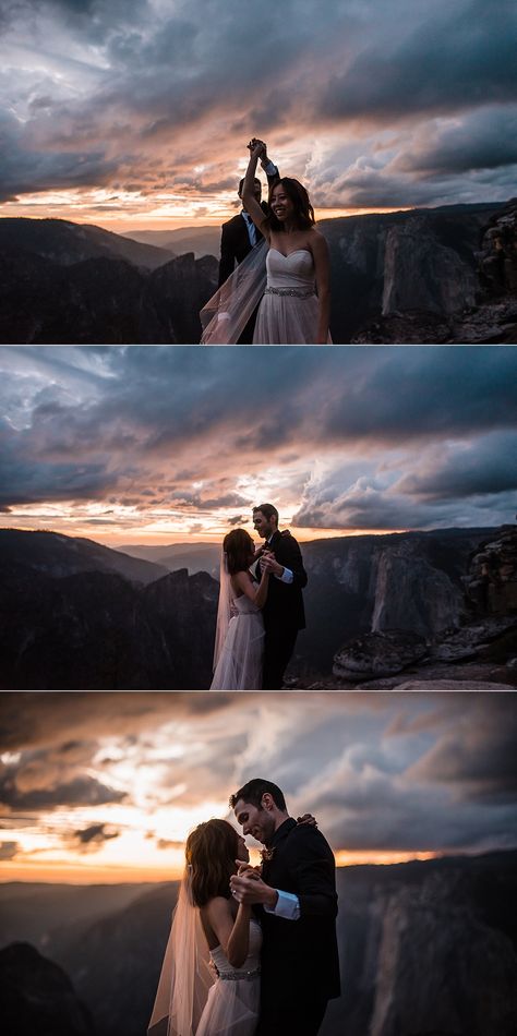 Dramatic Yosemite Sunset Elopement | The Foxes Photography 🦊 Check out this adventure elopement blog for elopement ideas, adventure wedding dresses, groom attire, elopement tips, boho bouquets, elopement hairstyles, and the best elopement destinations. All images by The Foxes Photography // www.thefoxesphotography.com #weddingdresses #weddinghairstyles #CAelopementweddings #adventurewedding #Yosemite #YosemiteWeddings Banff Wedding Elopements, Yosemite Sunset, Elopement Hairstyles, Zion Elopement, Moab Wedding, Boho Bouquets, Elopement Tips, Dead Horse Point State Park, Sunset Elopement