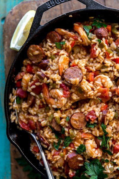 Jambalaya Risotto | KJ and Company -Jambalaya Risotto is the best of two worlds! Classic risotto rice is simmered low and slow with onions, peppers, garlic, cajun-style andouille smoked sausage, shrimp and seasonings. The result is a crazy, delicious bowl of risotto! Dinner is served and only one pan is required! Get the recipe on https://kjandcompany.co #recipe #dinner #comfortfood #jambalaya #risotto Sausage Recipes Healthy, Classic Risotto, Kielbasa Sausage Recipes, Shrimp Peppers, Sausage Shrimp, Cajun Shrimp Recipes, Kielbasa Sausage, Risotto Rice, Gumbo Recipe