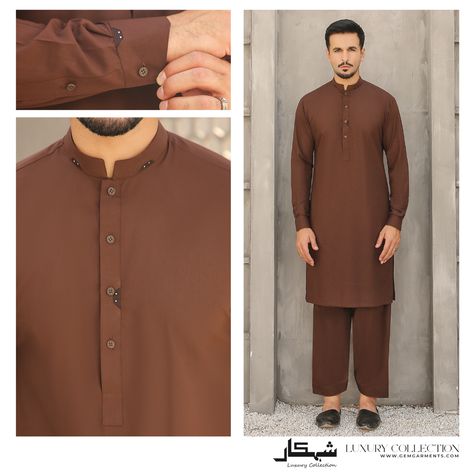 The perfect summer ensemble, rendered in exquisite design and colour palettes for a captivating impression. Brown Shalwar Kameez, Gem Store, Cultural Celebration, Stylish Outfit, Shalwar Kameez, Luxury Collection, Band Collar, Colour Palettes, Modern Man