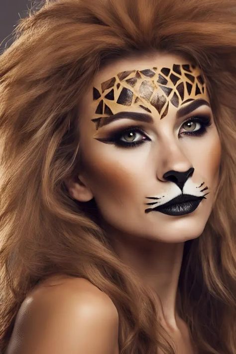 Diy Halloween Makeup For Women, Lion Makeup Women, Halloween Makeup For Women, Halloween Makeup Ideas For Women, Lion Makeup, Coraline Makeup, Melted Makeup, Makup Looks, Skull Face Paint