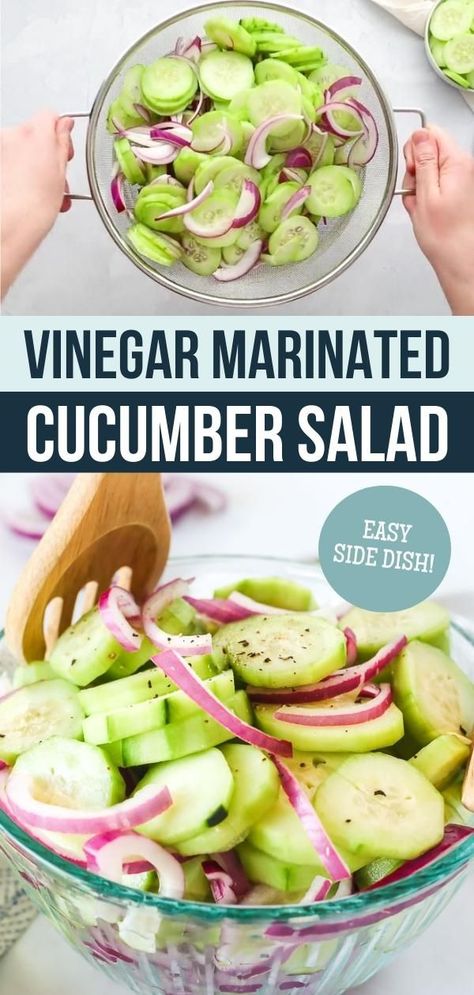 This Easy Vinegar Marinated Cucumber Salad requires just 6 simple ingredients. Vinegar Marinated Cucumbers are a light, refreshing, summertime side dish. Add regular or cherry tomatoes and red onion to make this an even more colorful cucumber salad. This is a great, light side dish for barbecues, picnics, or potlucks. Simple Cucumber Salad Vinegar, No Mayo Cucumber Salad, Red Wine Vinegar Cucumber Salad, Cucumber Salad Vinegar Apple Cider, Cucumber Salad With Red Wine Vinegar, Onion And Cucumber Salad Vinegar, Cuke Tomato Onion Salad, Cucumber Salad With Apple Cider Vinegar, Tomato Cumber Onion Salad Easy