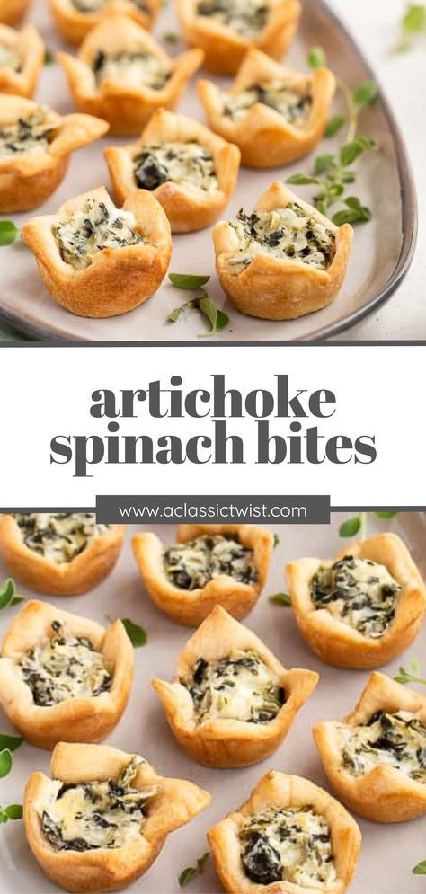 These spinach artichoke dip bites are Game Day perfect! Artichoke Dip Bites, Easy Spinach Artichoke Dip, Spinach Bites, Spinach Artichoke Dip Easy, Pastry Appetizer, Fast Healthy Meals, Spinach Artichoke Dip, Artichoke Dip, Favorite Appetizers