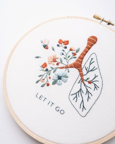 Let It Go Floral Lung Embroidery Pattern Lung Embroidery Pattern, Female Embroidery Designs, Cricut Embroidery Pattern, Cute Embroidery Designs Free Pattern, Embroidery Printable Patterns, Canvas Embroidery Ideas, Lung Embroidery, Lungs Embroidery, Hand Embroidery Designs Free