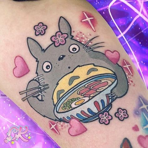 Tattoo by Carly Kawaii #CarlyKawaii #kawaiitattoos #kawaiitattoo #kawaii #cute #color #totoro #studioghibli #ramen #chopsticks #hearts #cherryblossoms Tatuaje Studio Ghibli, Ghibli Tattoo, Kawaii Tattoo, Posca Art, Cute Little Tattoos, Tatuaje A Color, 1 Tattoo, Cartoon Tattoos, Aesthetic Tattoo