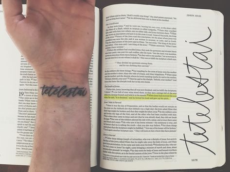 Tetelestai Tattoo Fonts, It Is Finished Tattoo, Tetelestai Tattoo, Decorated Bible, Agape Tattoo, Unique Christian Tattoos, Best Tattoo Ideas For Men, Cool Finger Tattoos, Scripture Tattoos