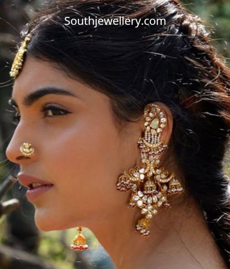 Polki diamond earrings photo Long Ear Cuff, Diamond Earrings Indian, Kundan Jewellery Bridal, Indian Jewelry Earrings, Indian Bridal Jewelry Sets, Bridal Jewellery Design, Gold Necklace Indian Bridal Jewelry, Indian Temple, Indian Jewellery Design Earrings