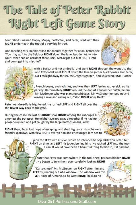 The Tale of Peter Rabbit right left game story. Perfect for schools, parties and Easter as a gift passing game. Rabbit Themed Games, Easter Pass The Gift Game, Right Left Story Game, Easter Left Right Game Free Printable, Peter Rabbit Party Games, Beatrix Potter Party Ideas, Easter Left Right Game, The Tale Of Peter Rabbit Activities, Left Right Easter Story Game