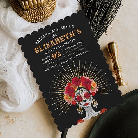 Day Of The Dead Theme Party, Day Of The Dead Quinceanera Theme, Day Of The Dead Birthday Party, Dia De Los Muertos Quinceanera Ideas, Dia De Los Muertos Birthday Party Ideas, Glam Skeleton, Gabby Birthday, Dia De Los Muertos Party Ideas, Sweet 16 Party Invitations