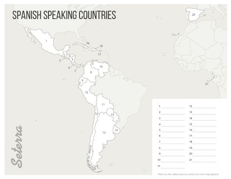 Printable Spanish speaking countries map quiz (pdf) Spanish Speaking Countries Map, Hispanic Countries, Describing People, Map Quiz, Geography Games, John Ross, Spanish Games, Map Games, Map Worksheets