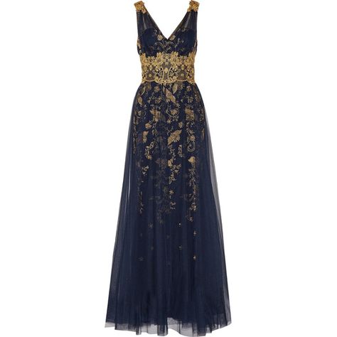 Marchesa Notte - Metallic Embellished Embroidered Tulle Gown (£435) ❤ liked on Polyvore featuring dresses, gowns, midnight blue, tulle gown, blue evening gown, vintage evening dresses, blue dress and embellished gown Navy Blue Ball Gown, Navy And Gold Dress, Blue Ball Gown, Vintage Dress Blue, Vintage Ball Gowns, Beaded Evening Gowns, Blue Evening Gowns, Gown Blue, Lil Black Dress