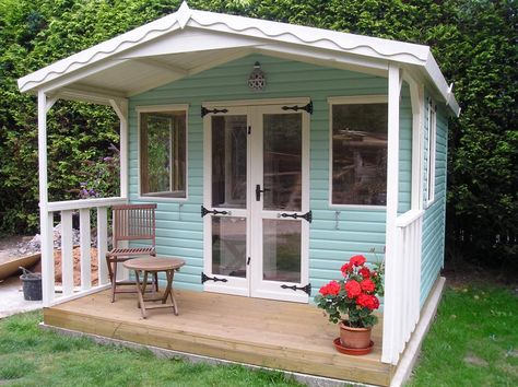 10x8 Loglap summerhouse with veranda. Including our 4x2 Platform base and Painted in Protek Royal Exteriour wood finish #solidsheds #summerhouse #garden Garden Shed With Veranda, Shed Veranda, Shed Interior Design Ideas, Summerhouse Ideas, Shed House Ideas, Small Shed, Summer House Interiors, Shed House, Rustic Shed