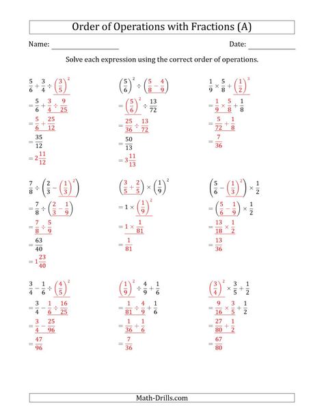 The Order of Operations with Positive Fractions (Three Steps) (A) Math Worksheet Page 2 Pemdas Worksheets, Easy Math Worksheets, Math Fractions Worksheets, Operations With Fractions, Act Math, Elementary Math Lessons, Free Printable Math Worksheets, Learning Mathematics, Math Tutorials