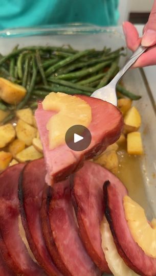 Scrumptious one pan ham dinner | Scrumptious one pan ham dinner Olivia uses pre-cooked ham, pineapple, potatoes, green beans, seasonings, oil, apple juice, brown sugar, honey and... | By Wonder and Raw | Facebook Sliced Ham Dinner Ideas, Dinner Ham, Ham Potatoes, Baked Ham With Pineapple, Ham And Green Beans, Ham Recipes Crockpot, Ham Pineapple, Ham Steak, Potatoes Green Beans