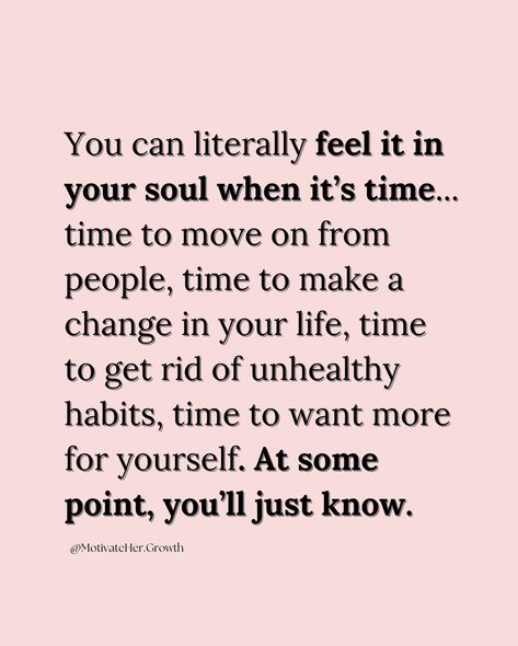 🌿 You can literally feel it in your soul when it’s time... Time to let go of people who no longer serve you, time to make bold changes, time to break free from unhealthy habits, and time to elevate your life. At some point, you’ll just know—and that’s when the real growth begins. ✨   Embrace your power and trust your inner voice. The strength to transform is already within you. It’s time to want more, do more, and be more. You deserve it. 💪💖   @MotivateHer.Growth  Follow for daily inspirat... I Just Want To Be Free Quotes, Let Go Of People, Letting People Go, Unhealthy Habits, Elevate Your Life, Time To Move On, Time Time, Inner Voice, You Deserve It