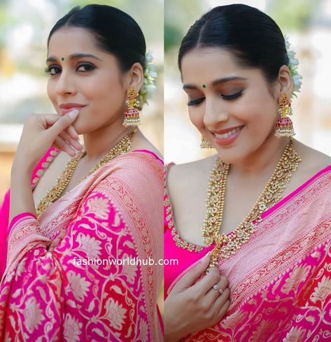 Pink Sari Makeup Look, Pink Saree Jewellery Ideas, Jewellery On Pink Saree, Makeup For Pink Saree, Pink Silk Saree Look, Silk Saree Hairstyles Indian, Pink Saree For Wedding, Pink Saree Makeup Look, Pink Saree Look