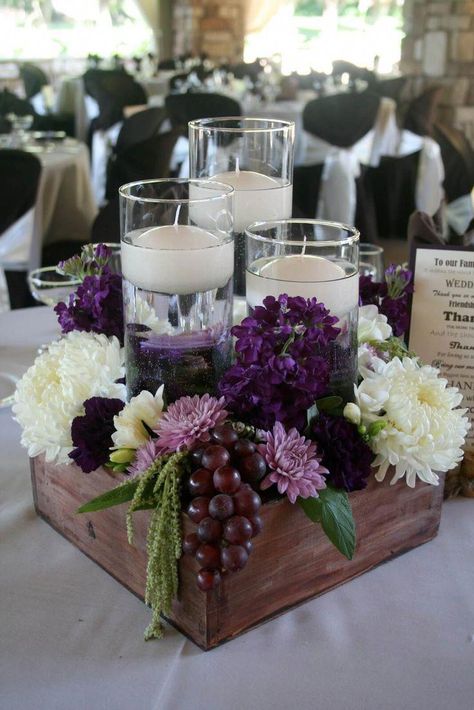 Elegant rustic table centerpiece idea for dining table or for a DIY wedding centerpiece. #weddings Rustic Wooden Box Centerpiece, Wooden Box Centerpiece, Rustic Table Centerpieces, Unique Wedding Centerpieces, Wooden Centerpieces, Candles Decor, Rustic Wooden Box, Tafel Decor, Wedding Reception Centerpieces