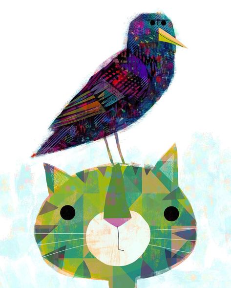 Gareth Lucas Art, Starling Illustration, Gareth Lucas Illustration, Gareth Lucas, Raven Illustration, Striped Cat Illustration, Cat Children's Book Illustration, Lucas Arts, Naive Illustration