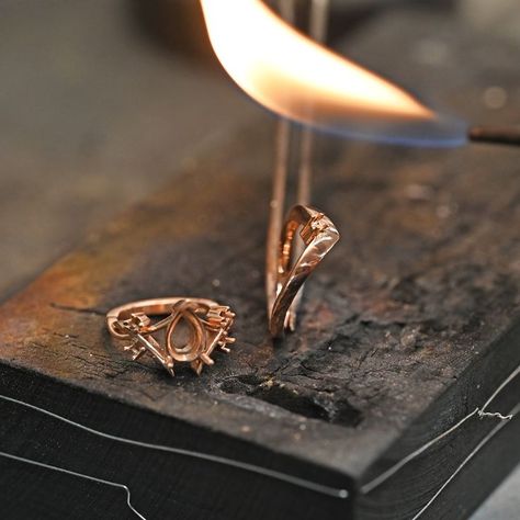 Our talented goldsmiths use a mixture of hand making and CAD technology to create our bespoke, one of a kind jewellery pieces for our customers in our Hertfordshire Jewellery Centre #handmaking #goldsmithing #fire #rosegold #mastegoldsmith #workshop #bespokejewellery Goldsmith Aesthetic, Classic Yellow Gold Engagement Ring, Gold Engagement Rings Unique, Gold Engagement And Wedding Ring, Engagement Rings Classic, Goldsmith Workshop, Engagement And Wedding Ring Set, Jewellery Workshop, Engagement Rings Unique