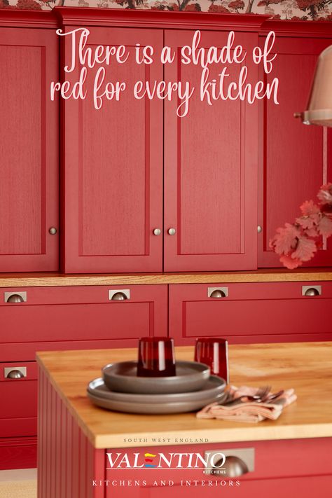 Red wooden painted kitchen dresser with oak worktop - dresser have 2 set of large panel drawers underneath and cupboards to the top of the worktop. Red And Wood Kitchen, Red Kitchen Walls, Red Kitchens, Red Kitchen Cabinets, Red Kitchen Island, New Year Look, Kitchen Color Red, Oak Worktops, Kitchen Colour