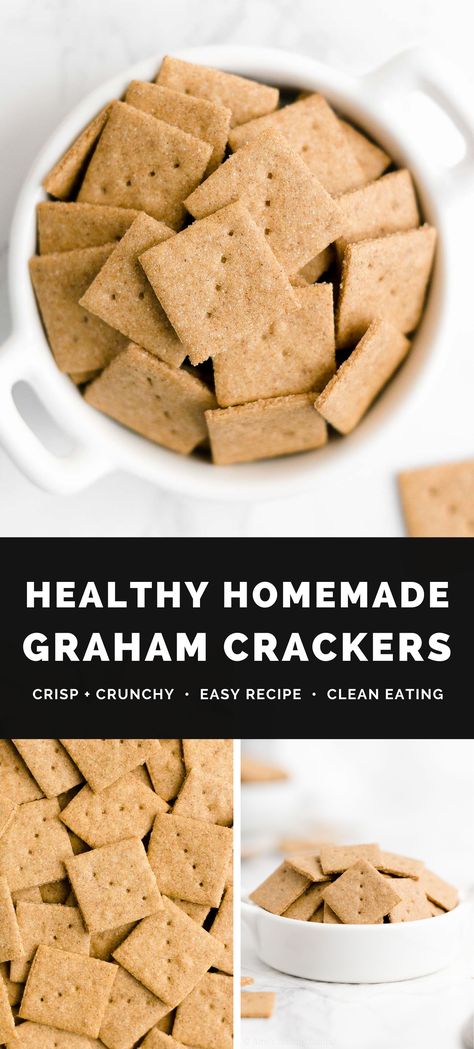 This healthy graham crackers recipe is EASY to make. Only 4 ingredients! They’re crunchy, lightly sweetened & full of cinnamon flavor. They taste JUST like the store-bought ones! SO good!! (Naturally vegan, clean eating, egg free & dairy free. Great gluten free options too!) Best homemade graham crackers recipe. Mini cinnamon graham crackers. Healthy graham crackers without honey. Vegan cinnamon graham crackers recipe. Homemade graham crackers dairy free. Healthy crackers recipe clean eating. Healthy Graham Crackers, Graham Crackers Recipe, Cinnamon Graham Crackers, Graham Cracker Recipes, Healthy Crackers, Gluten Free Graham Crackers, Healthy Homemade Snacks, Crackers Recipe, Easy Clean Eating Recipes