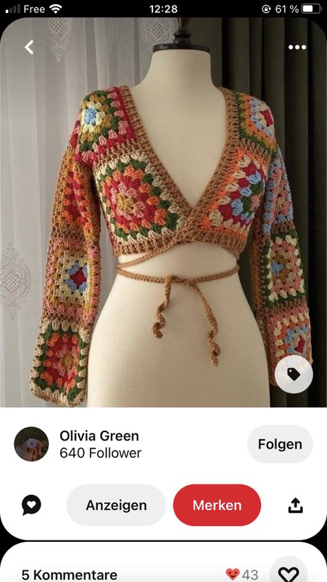 Granny Square Long Sleeve Top, Granny Square Ideas Clothes, Crochet Unique Ideas, Crochet Hippie Clothes, 80s Crochet, Crochet Cardigan Granny Square, Crochet Granny Square Top, Cardigan Granny Square, Square Crochet Pattern