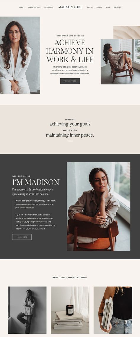 Madison York is a Showit Website Template strategically crafted for coaches, course creators, and authors who want to elevate their online presence with style and confidence. This warm, inviting, and modern design invites visitors to explore and connect, with dedicated pages for Services, Programs, Books, and Media. Course Book Design, Sophisticated Website Design Inspiration, Simple Modern Website Design, Luxury Website Template, Website Templates Design, Website Main Page Design, Website Inspo Aesthetic, Website Layout Design Inspiration, Aesthetic Web Design