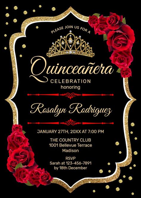 Quinceanera - Black Red Gold Invitation Red Gold Invitation, Elegant Birthday Invitations, Birthday Tiara, Glam Chic, Elegant Birthday, Quinceanera Invitations, Gold Invitations, 15th Birthday, Holiday Deals