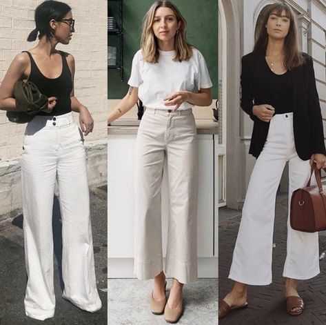 Cream Culottes Outfit, Cream Trousers Outfit Classy, White Cullote Pants Outfit, Ivory Trousers Outfit, White Trouser Outfit Women, White Trousers Outfit Summer, Cream Wide Leg Jeans Outfit, Cream Trouser Outfit Women, White Trousers Outfit Classy