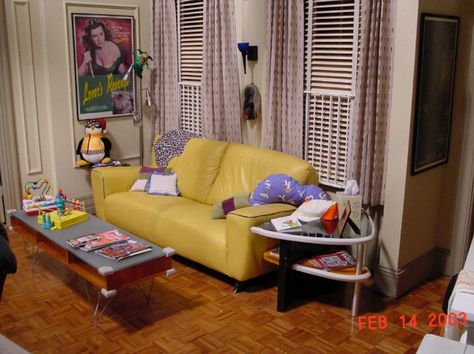 Joey and Chandler's Apartment Friends Apartment, Yellow Couch, Friends Scenes, Hollywood Homes, New York City Apartment, Friends Series, Production Design, Friends Set, Friends Tv