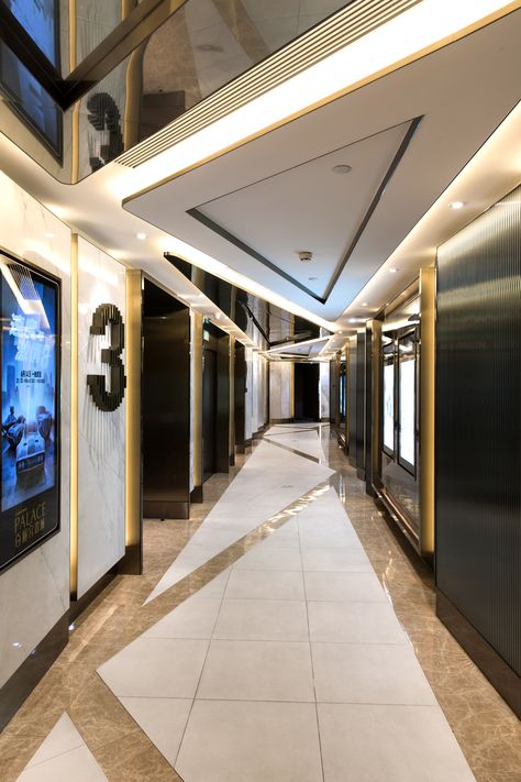 Triangle ceiling with mirror finish in Guaogzhou Palace Cinema Triangle False Ceiling Design, Duplex Lobby Ceiling Design, Triangle Ceiling Design, Ceiling With Mirror, Cinema Lobby, Triangle Ceiling, Tv Lounge Design, Ceiling Accent, Ceiling Mirror