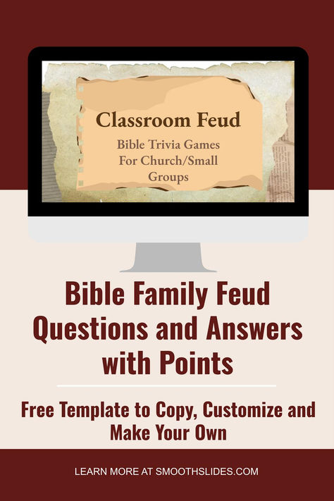 Family Feud Google Slides Template with Bible Trivia Questions and Answers with Points. With a Few Clicks You can start playing with your church group/friends. Bible Trivia Questions And Answers, Bible Family Feud, Family Feud Questions And Answers, Bible Trivia Questions, Family Feud Template, Family Feud Questions, Youth Ministry Lessons, Bible Trivia, Trivia Questions And Answers