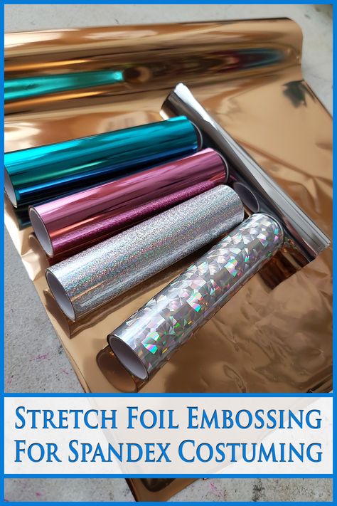 Looking for a unique, fun way to up your spandex costuming game? You should try this tutorial for stretch foil embossing on spandex! Cosplay Makeup Tutorial, Leotards Gymnastics Rhythmic, Foil Embossing, Gym Leotards, Dancesport Dresses, Deco Foil, Blue Text, Costume Sewing Patterns, Stretched Painting