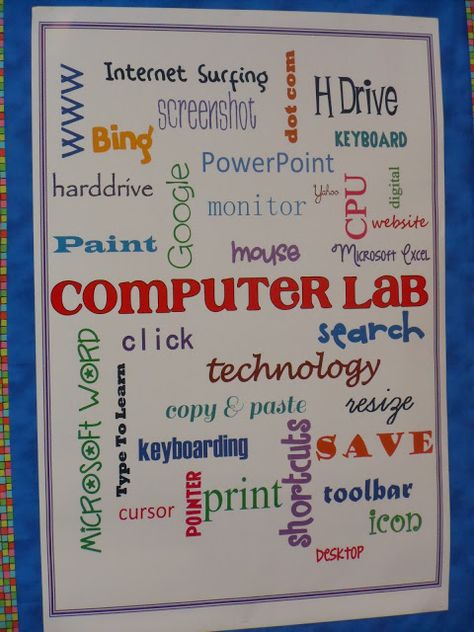 Teach the Bits and Bytes: Great Bulletin Board Ideas with PDFs! Computer Lab Bulletin Board Ideas, Computer Bulletin Boards, Computer Lab Posters, Computer Lab Rules, Lab Poster, Lab Rules, Technology Bulletin Board, Computer Lab Decor, Tech Classroom