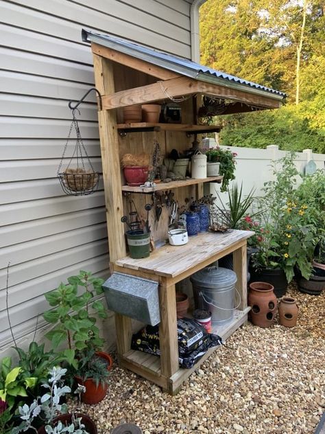 Herbalist She Shed, Diy Garden Shed Cheap Simple, Potting Bench With Roof, Potting Bench Ideas With Sink, Garden Potting Station, Outdoor Potting Bench Ideas, Potting Shed Interior Ideas, Garden Shed Exterior Ideas, Diy Potting Table