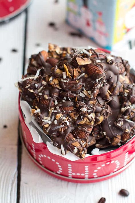 Coffee Roasted Almond + Toasted Coconut Dark Chocolate Bark - Half Baked Harvest Dark Chocolate Bark, Roasted Almond, Savory Food, Bark Recipe, Happy Kitchen, Chocolate Nuts, Half Baked, Half Baked Harvest, Chocolate Bark