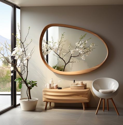 Japandi Hallway, Minimalist Wood Furniture, Wooden Frame Mirror, Modern Wooden Furniture, Mirrored Bedroom, Japandi Interior Design, Mirror Home Decor, Irregular Mirror, Mirrored Bedroom Furniture